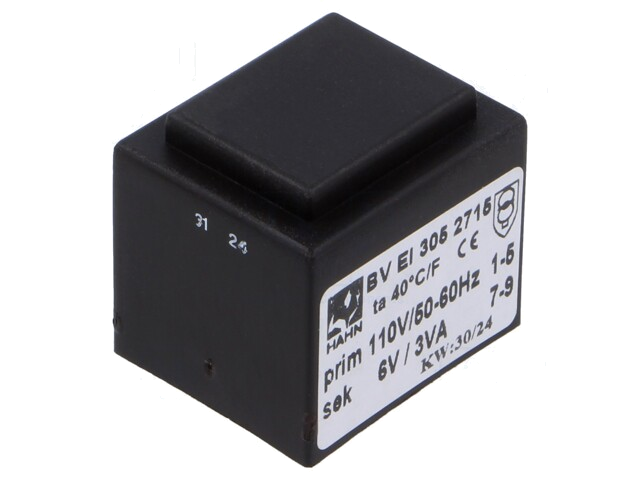 Transformator: ingegoten; 3VA; 110VAC; 6V; 500mA; PCB; BVEI Transformator: ingegoten; 3VA; 110VAC; 6V; 500mA; PCB; BVEI